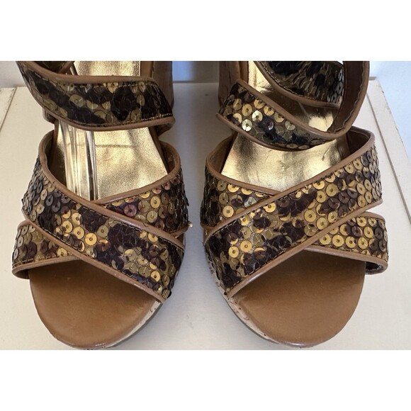 Inc International Concepts Sequin Cork Wedge Sandals 8.5M Brown Gold Ankle Strap - Picture 5 of 7